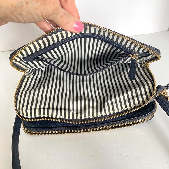 Navy Blue Pleather Crossbody Purse Multi Section Adj Strap Gold Tone Zippers - Picture 9 of 14